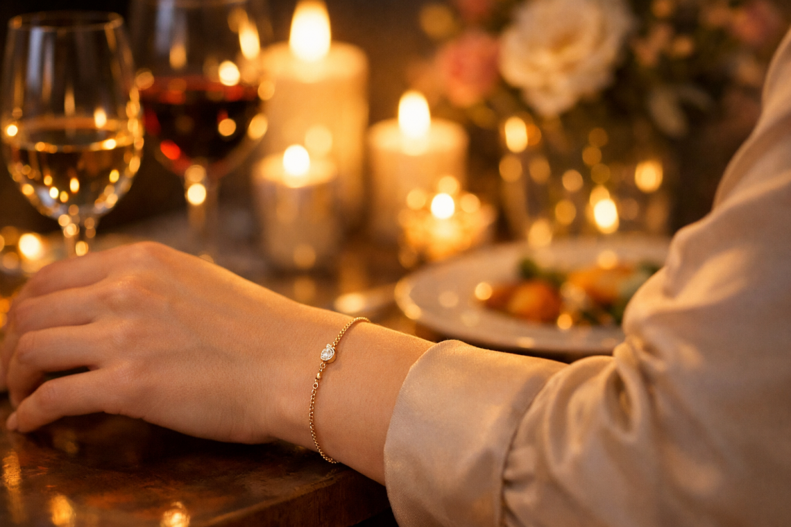 Elegancka bransoletka damska na nadgarstku kobiety podczas romantycznej kolacji rocznicowej przy świecach